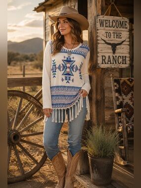 BACK IN THE SADDLE RHINESTONES & FRINGE TOP WESTERN CHIC COASTAL COWGIRL  SZ S